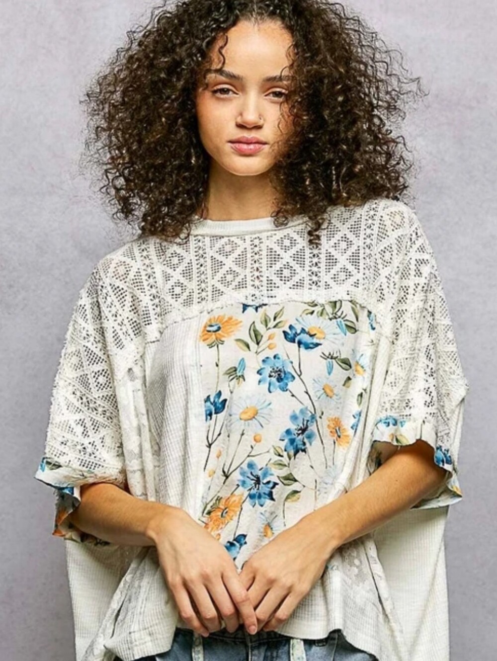 POL Cream Crochet Panel Tee with Blue & Yellow Floral Print